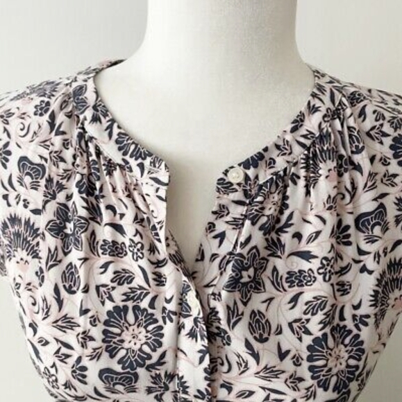 LOFT | Floral Shirtdress, Button Down Tie Waist Cap Sleeve, Pink & Blue - Picture 3 of 14